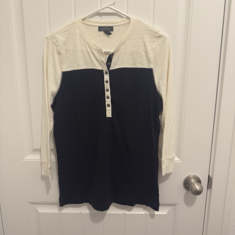Lauren Jeans Co Ralph Lauren Women's White Black Shirt 3/4 Sleeve Size L